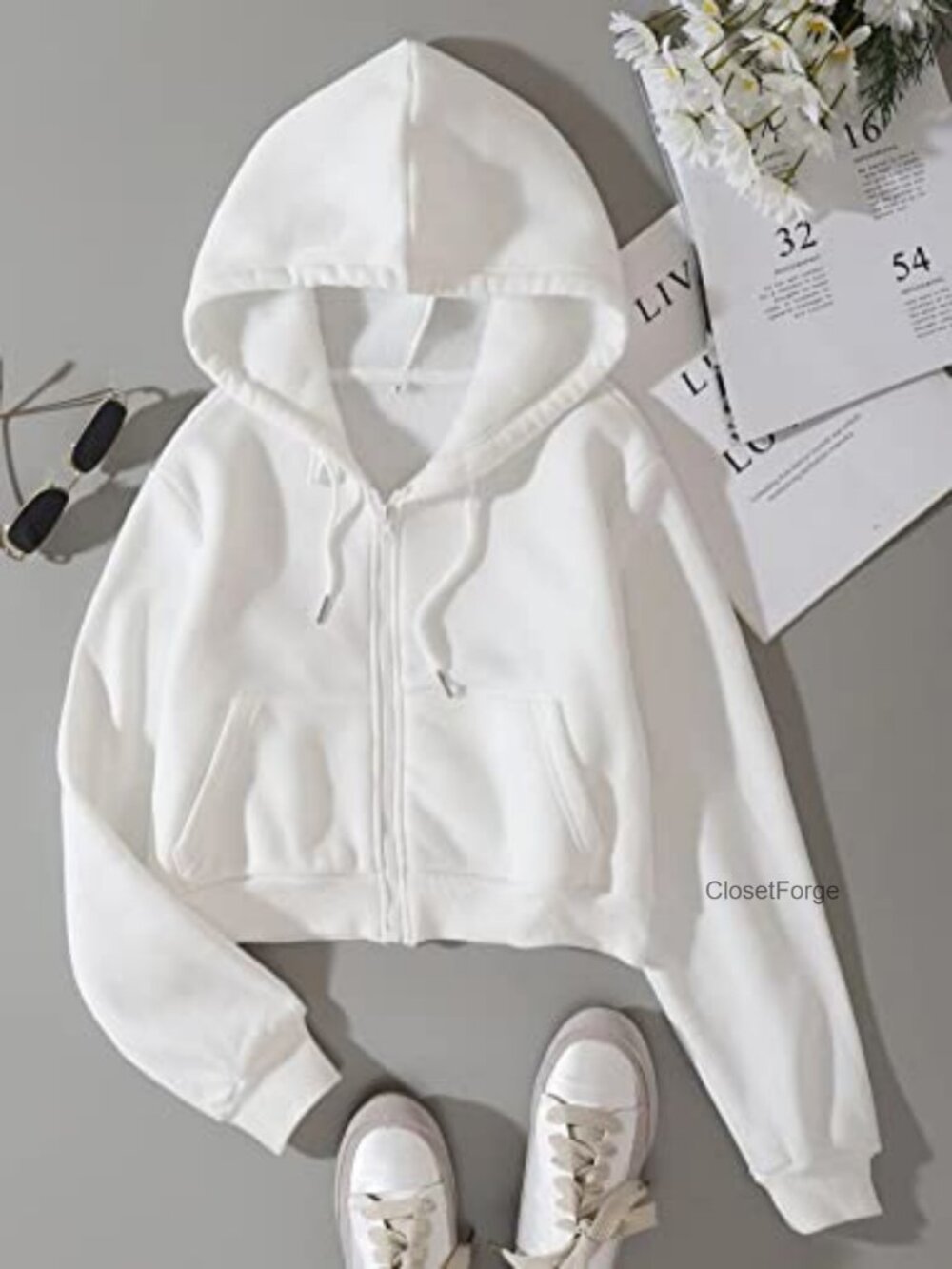 Women's Fleece Full Zip Crop Hoodie Long Sleeve with Pockets - Picture 3 of 6